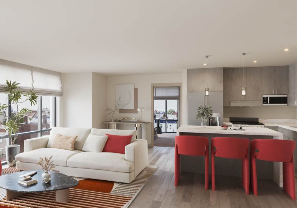 Apartment living room at The Maxx and The Alexandra in Pittsburgh, Pennsylvania