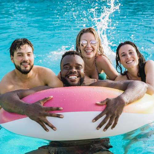 Resident friends enjoying in the pool at Keystone Trailhead Village in Reno, Nevada