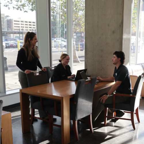Employees collaborating in an office at Pillar Properties in Seattle, Washington
