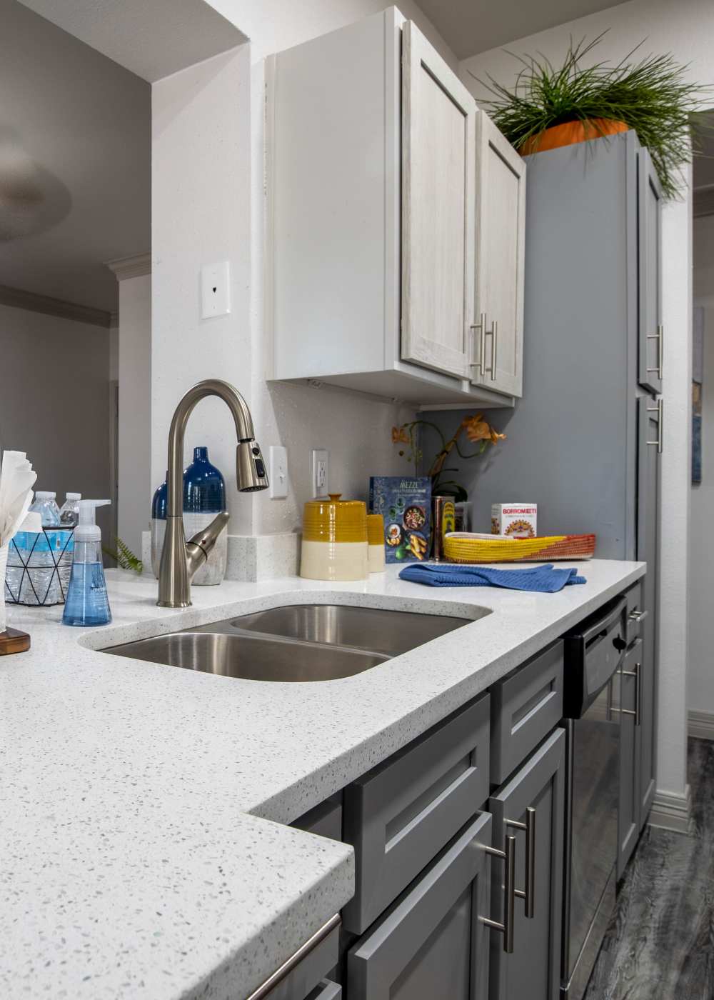 Modern kitchen with dishwasher, stainless-steel sink and quartz countertop at Brixton in Round Rock, Texas