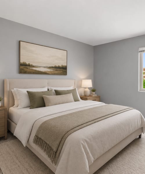 Bedroom with carpet flooring  at Edenbridge Apartments in Tinley Park, Illinois
