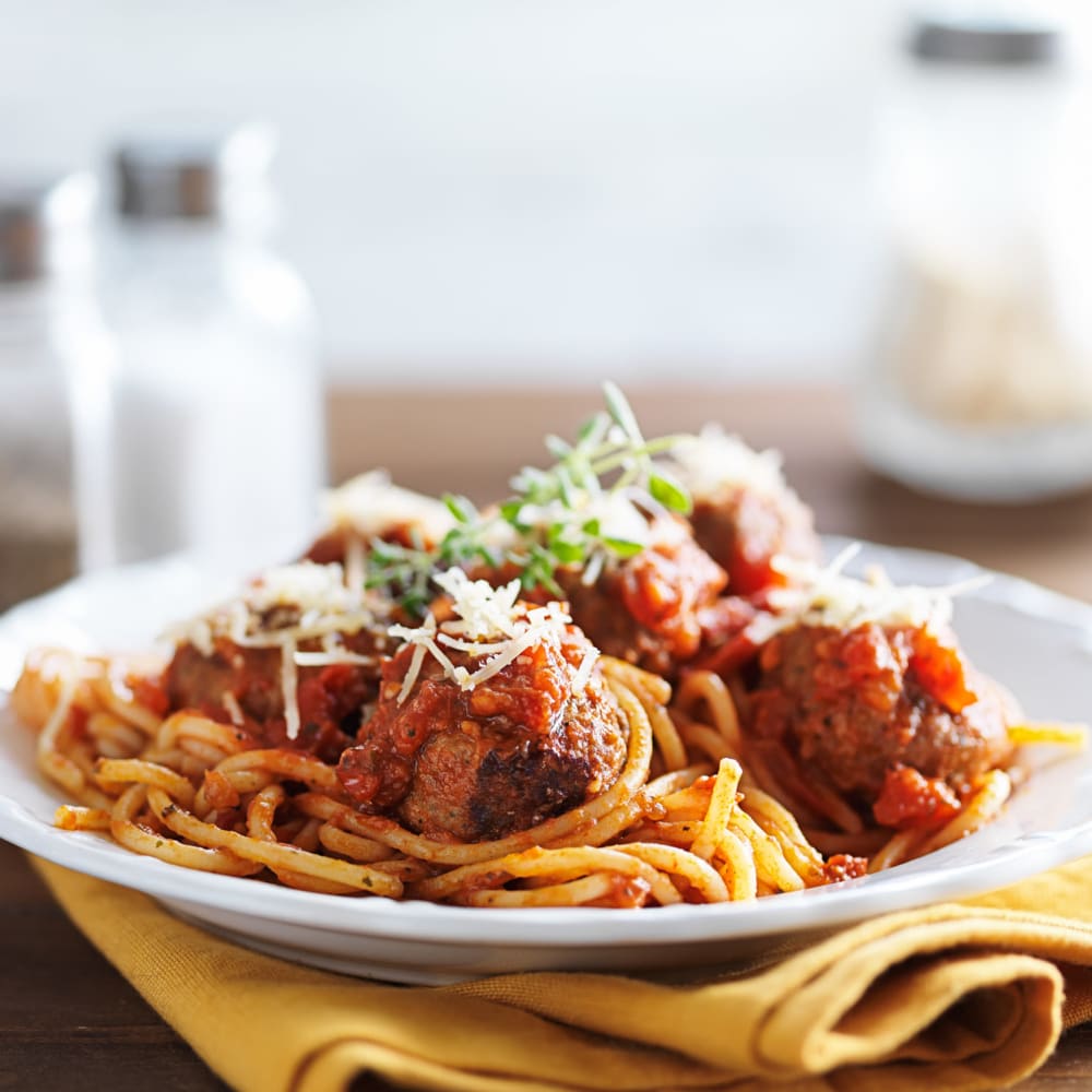 A plate of spaghetti and meatballs at Alder Bay Assisted Living in Eureka, California