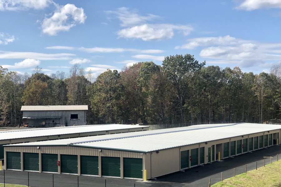 Aerial view of exterior units at Zion Crossroads Mini Storage in Zion Crossroads, Virginia