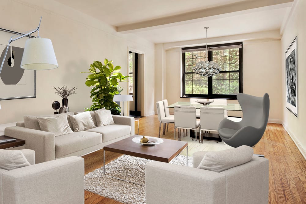 Spacious living room for entertaining guests at London Terrace Gardens in New York, New York