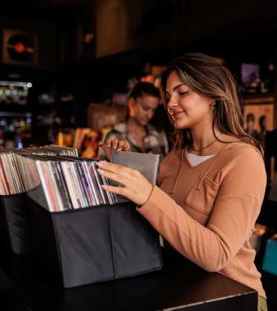 Resident at a music shop near The George Apartment Homes in Anaheim, California
