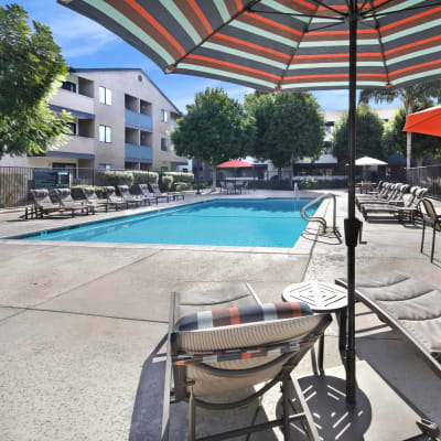 Shaded seating and chaise lounge chairs near the pool at Haven Warner Center in Canoga Park, California