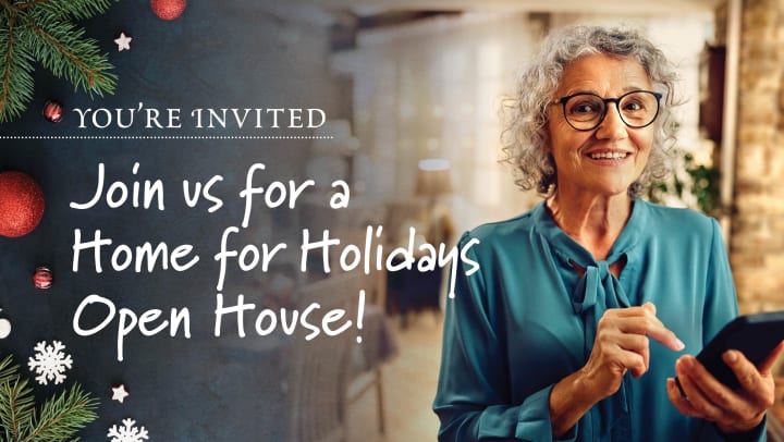 Home for the Holidays Open House text with senior woman on her iPhone