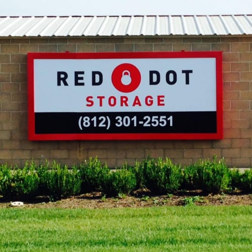 Sign on the side of building at Red Dot Storage in Charlestown, Indiana