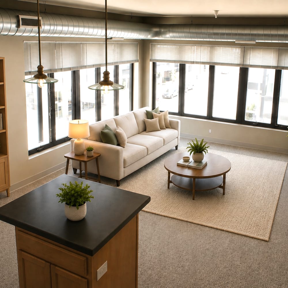 kitchen island overlooking livingroom at East Village Square in Des Moines, Iowa
