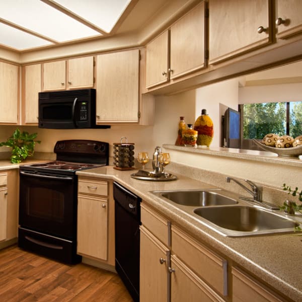 Modern kitchen with black appliances and hardwood floor in model home at San Palmilla in Tempe, Arizona