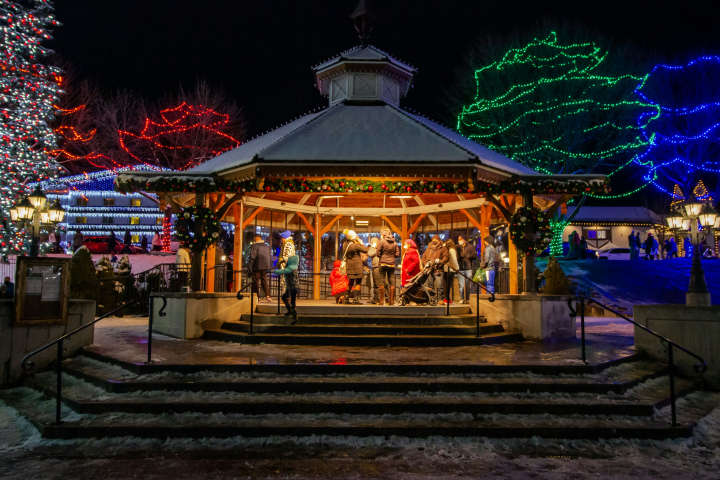 a group of people send in the center of a gazebo at night with christmas lights lighting the gazebo and surrounding trees