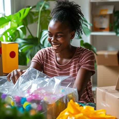 a woman sits joyfully at a desk packing thinks with plastic wrap into a cardboard box