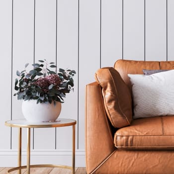Modern orange couch with white throw pillow and next to potted plant on a side table