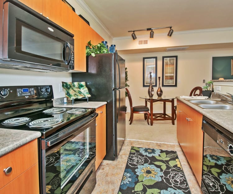 Modern kitchen with black appliances in model home at The Landing at Mansfield in Mansfield, Texas