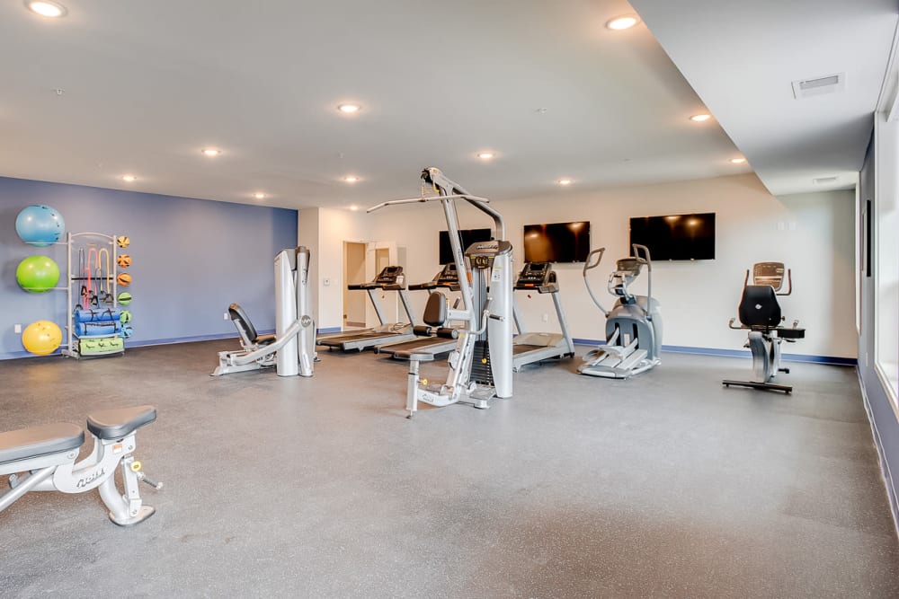 Resident gym with individual workout stations at Lake Jonathan Flats in Chaska, Minnesota