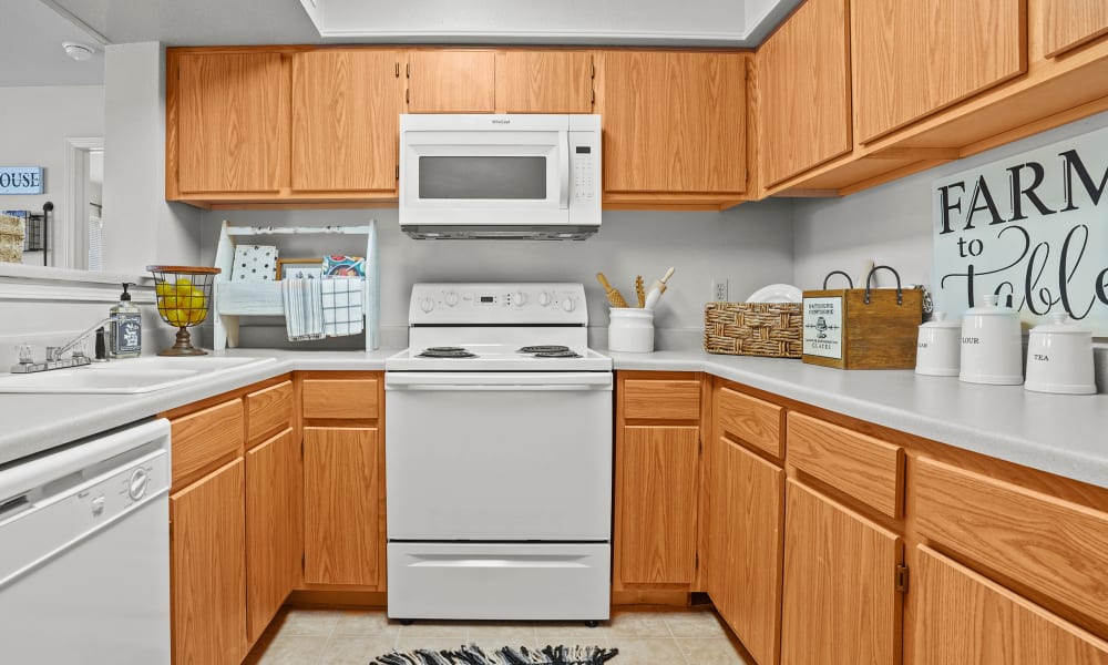 Kitchen with counter space  at The Remington Apartments in Wichita, Kansas