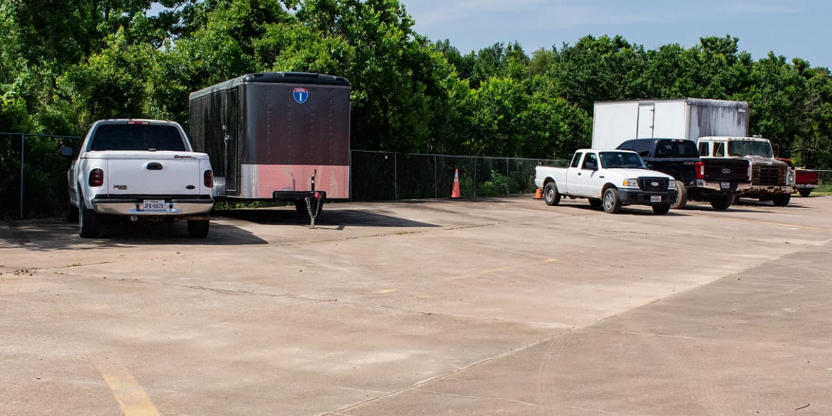 Trucks and RVs parked at Avid Storage in Pearland, Texas
