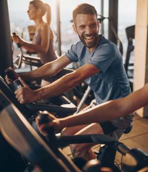 Residents working out in a fitness center at Falls Creek in Sanford, North Carolina