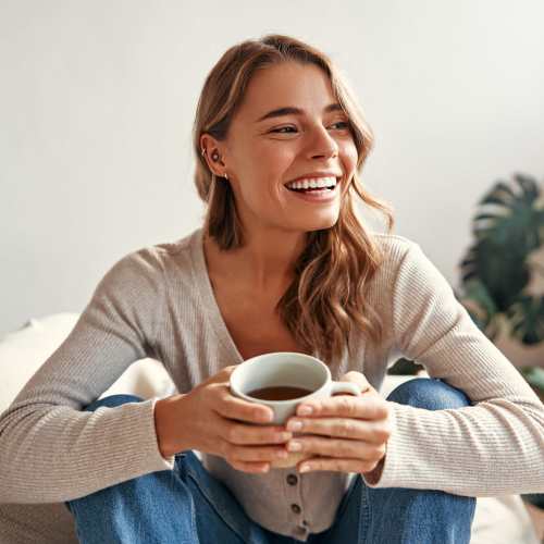 Resident woman enjoying coffee in her living room at Oak Hill in Escondido, California