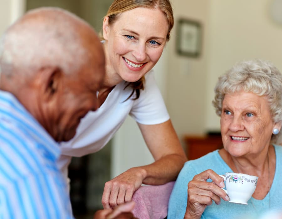 Residents having a cup of coffee at The Village of Southampton in Houston, Texas
