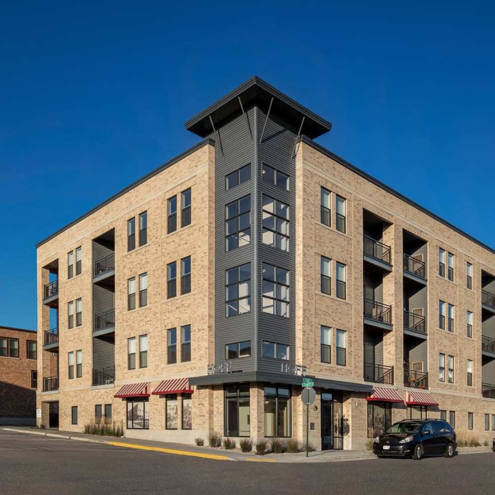 Building exterior at Hoff Mall and Hoff Apartments in Mount Horeb, Wisconsin