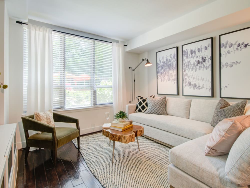 Cute living room with large windows in a model home in at Sofi 55 Hundred in Arlington, Virginia