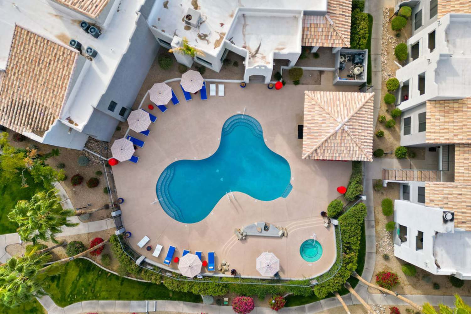 Aerial view of the swimming pool and property at Cabrillo Apartments in Scottsdale, Arizona