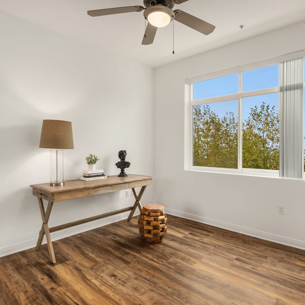 Desk with lamp by window at Chateau Woods in Woodinville, Washington