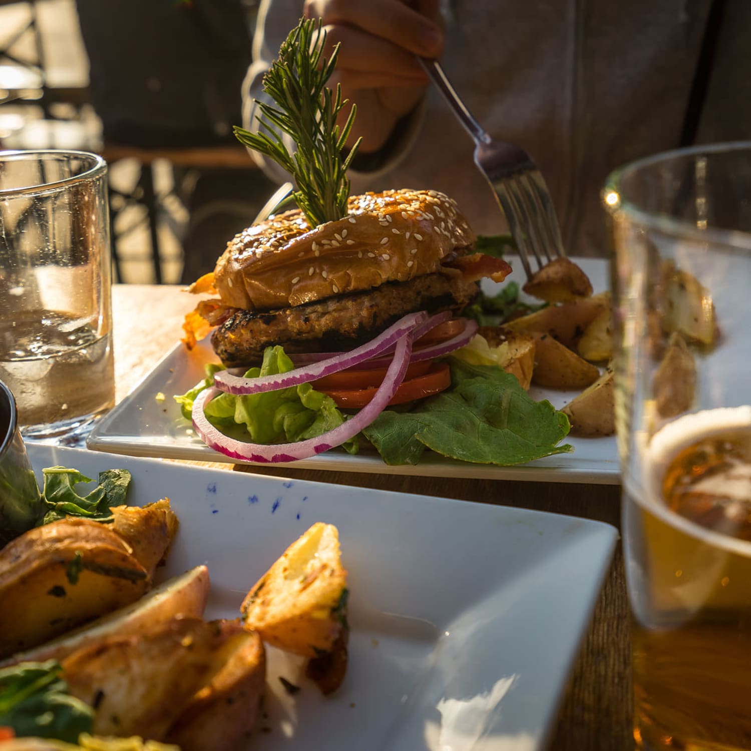 A burger on a plate in a restaurant near Millspring Commons in Richmond, Virginia