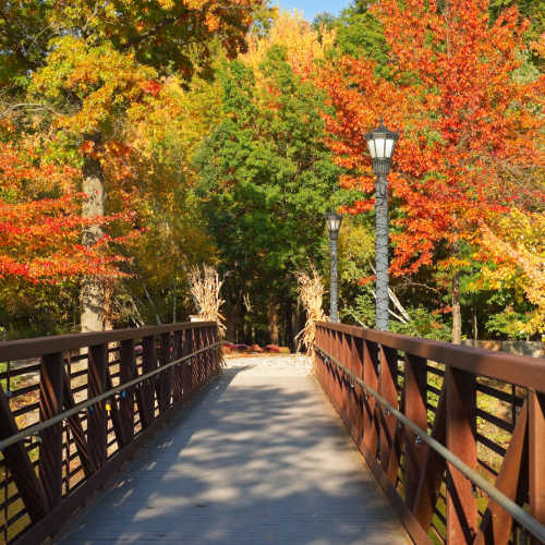 A bridge in a park near Charleston Square Apartments in Columbus, Indiana