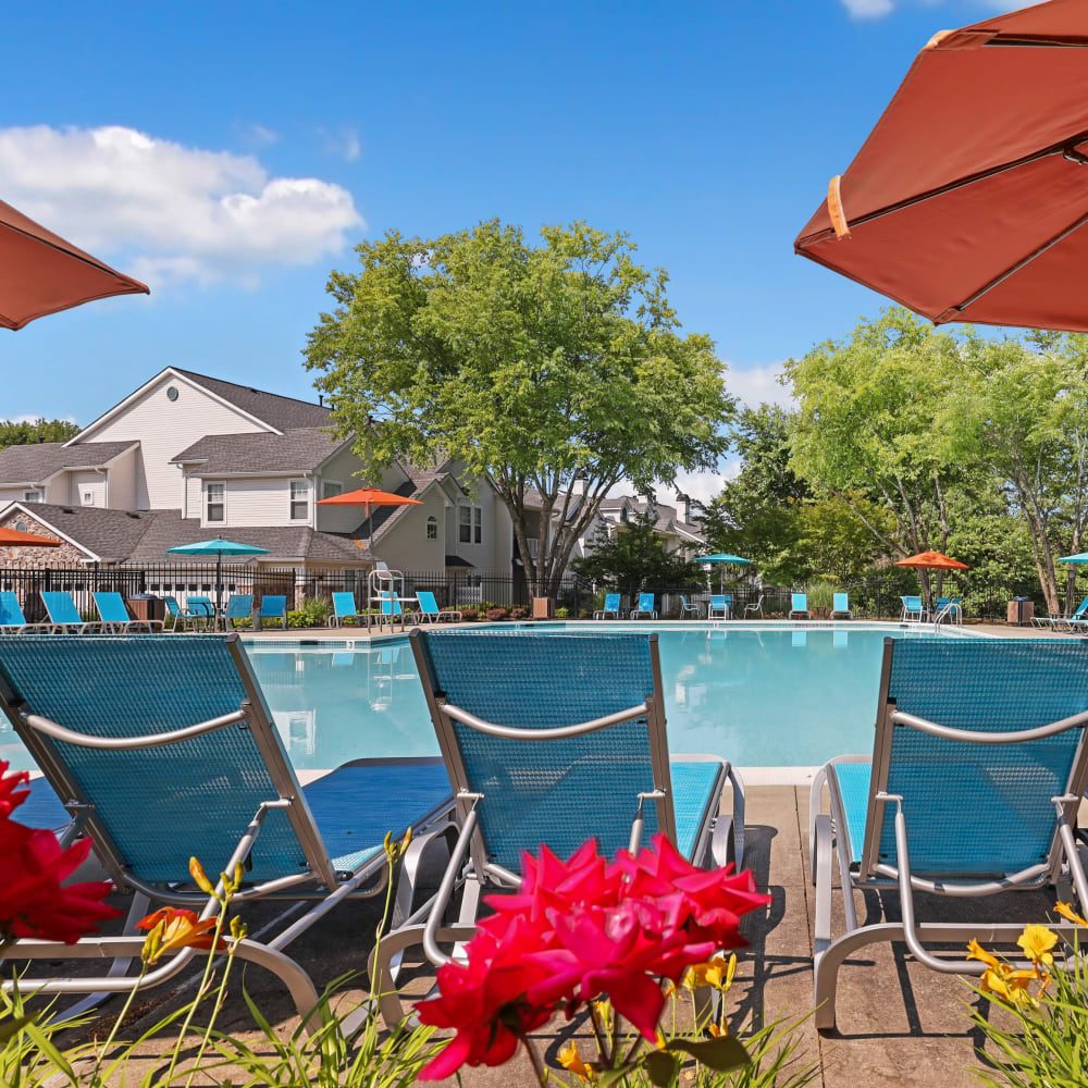 Poolside seating at The Courts of Avalon in Pikesville, Maryland