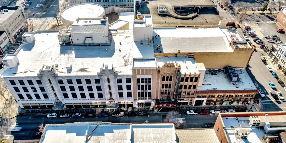 An aerial view of the Theater District in Birmingham, Alabama near Theatre Lofts
