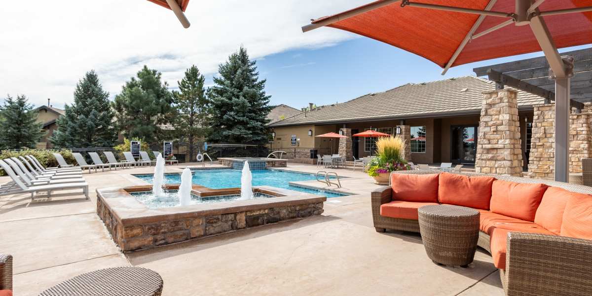 Poolside cabanas at Resort at University Park in Colorado Springs, Colorado