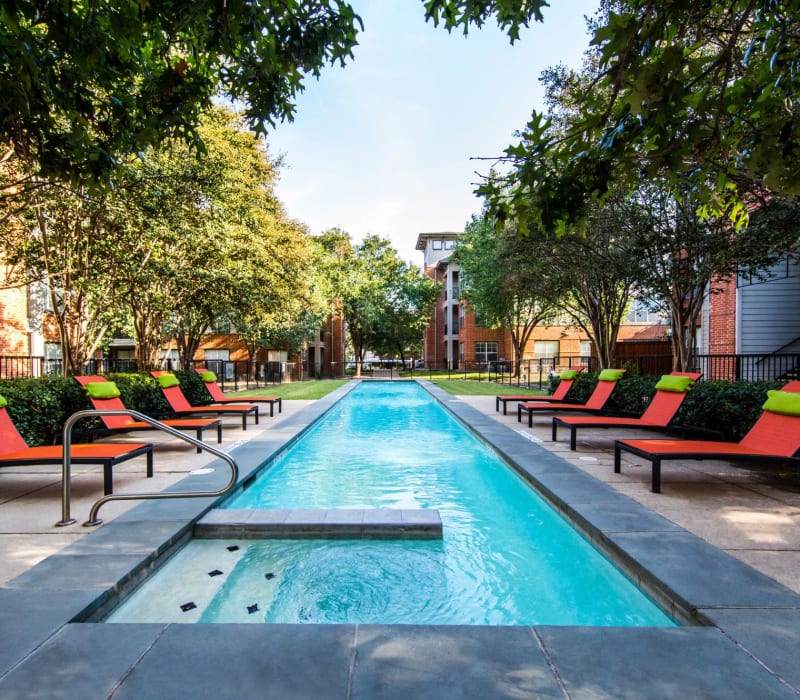 Lap pool with modern lounge chairs at Marquis on Gaston in Dallas, Texas