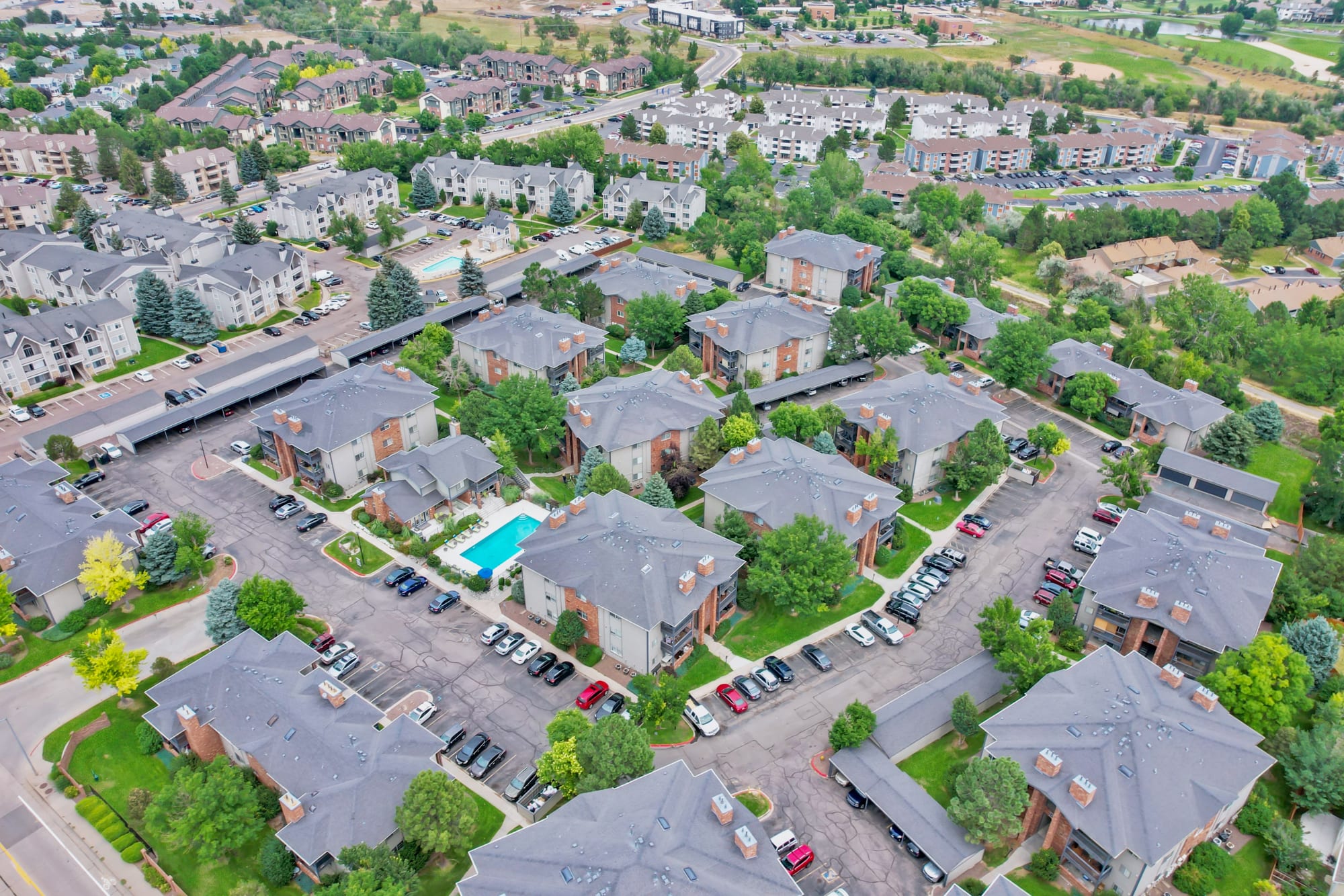 An aerial view of the property and surrounding areas at Arapahoe Club Apartments in Denver, Colorado