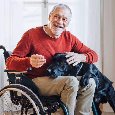 Visiting dog and his favorite resident at Cascade Park Gardens Memory Care in Tacoma, Washington