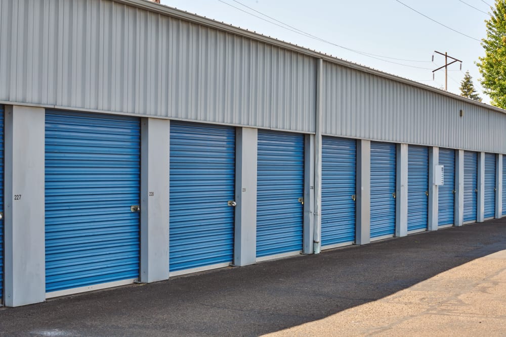 Blue doors on storage units at I-5 Mini Storage in Wilsonville, Oregon