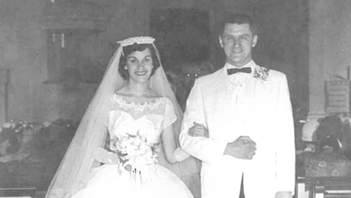 Happy couple on wedding day black and white photo