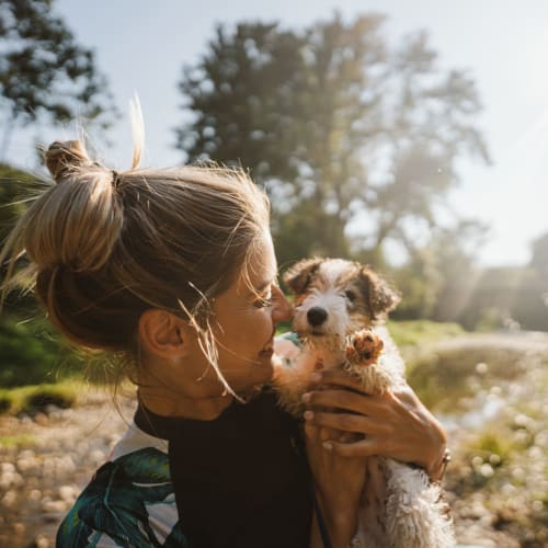 Resident holding her tiny little dog in the park near The Shelby in Washington, District of Columbia