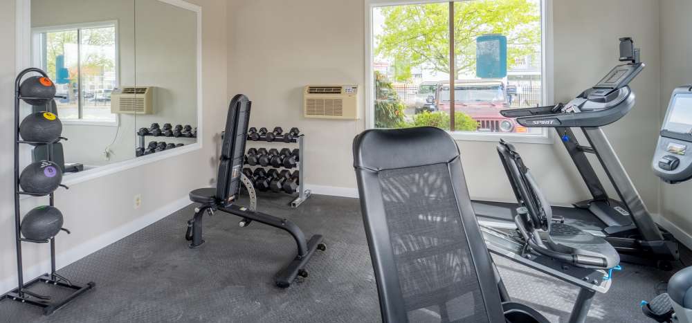 Fitness center with cardio, free weights and yoga at Thea Apartments in Tacoma, Washington