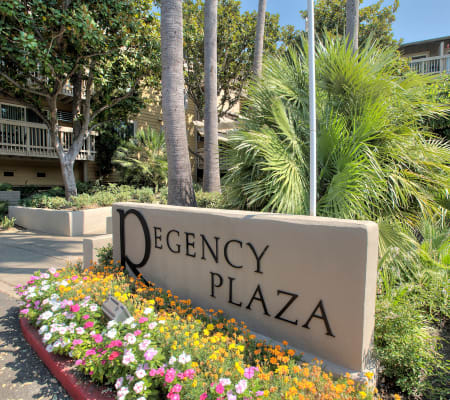 An apartment sign with a flora arrangement around it at Regency Plaza Apartment Homes in Martinez, California