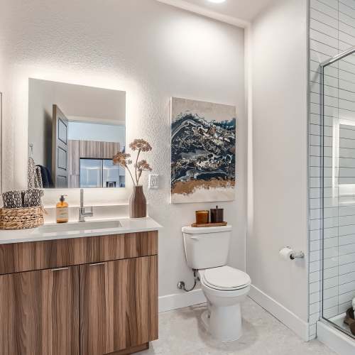 Bathroom with vanity and walk-in shower at Flats on the A in Aurora, Colorado