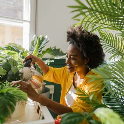 Resident watering plant at Lofton Place in Tampa, Florida