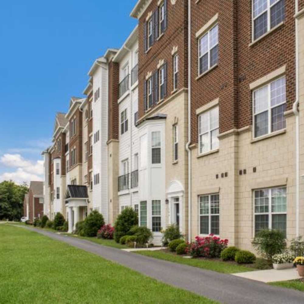 Apartment building exterior with landscaped surroundings at Meadow Branch Apartments in Winchester, Virginia