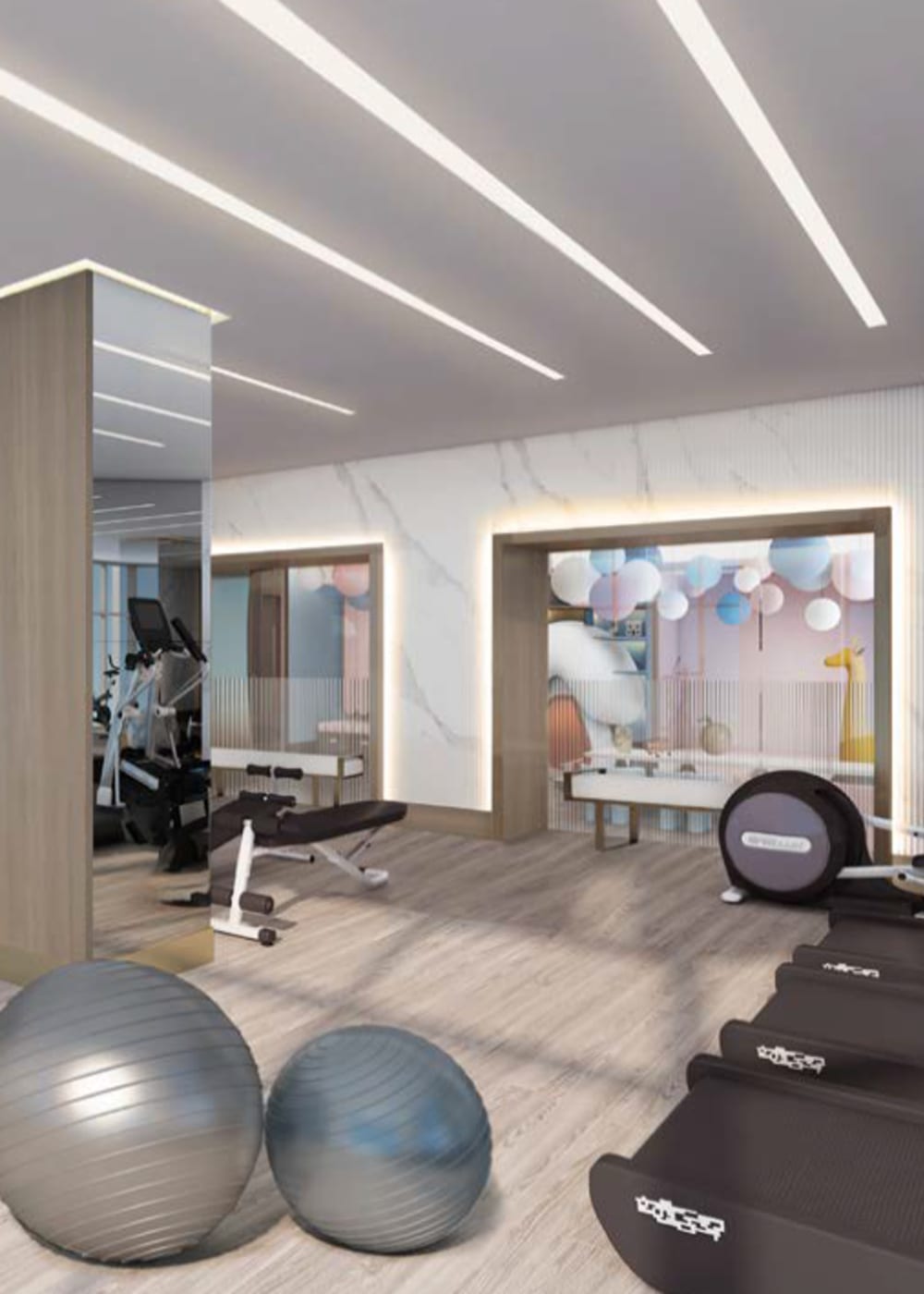 Fitness center with yoga ball and treadmill 301 E 94th Street in New York, New York