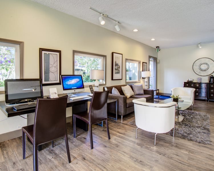 Business center with computers for resident use at Waterstone Fremont in Fremont, California