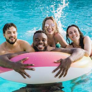 Residents swimming at Amber Court in Fremont, California