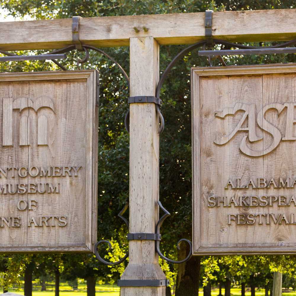 Sign boards of museum near Tapestry on Vaughn in Montgomery, Alabama