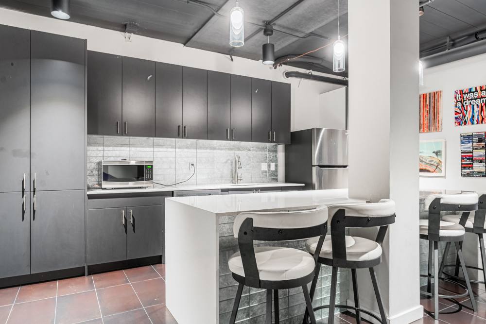 Community kitchen at Art District Flats in Denver, Colorado