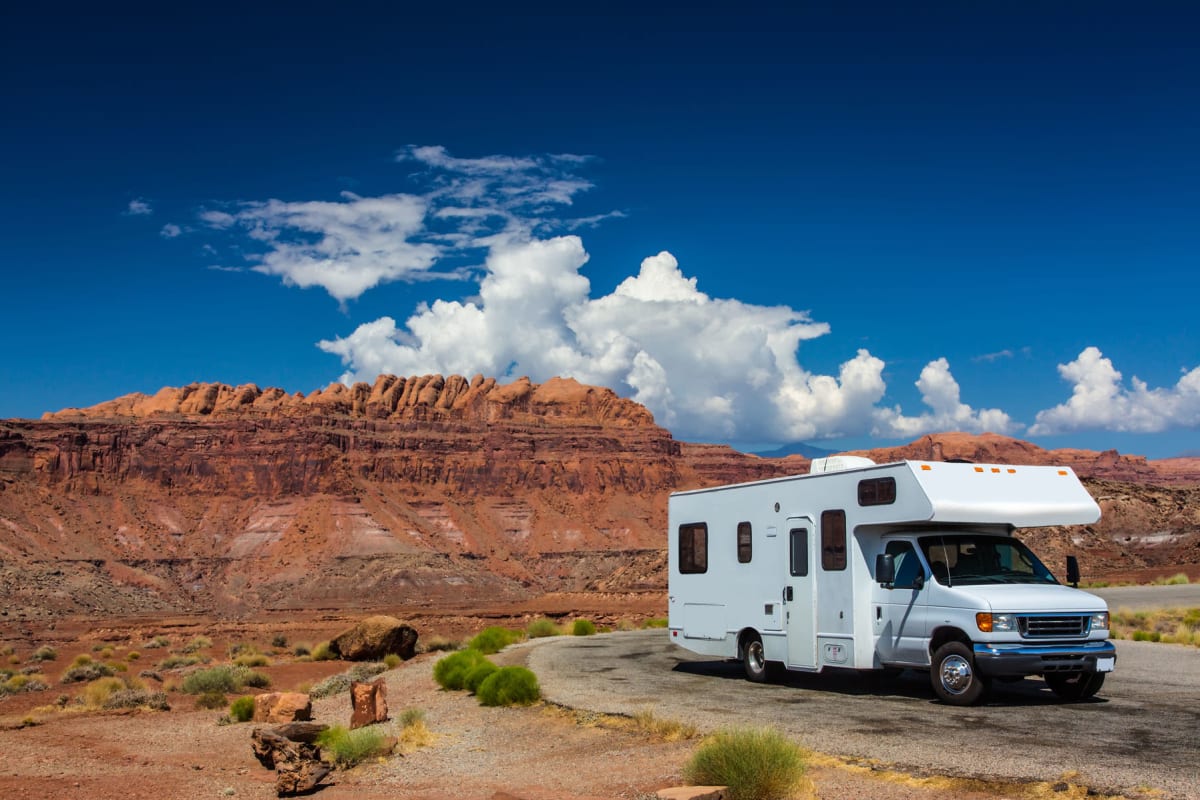 RV hitting the road for a trip after leaving Devon Self Storage in Mesa, Arizona
